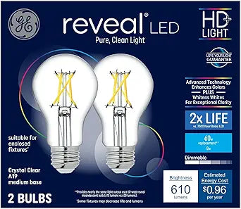 GE Reveal LED A19 60W Equivalent Dimmable Bulb 2-Pack