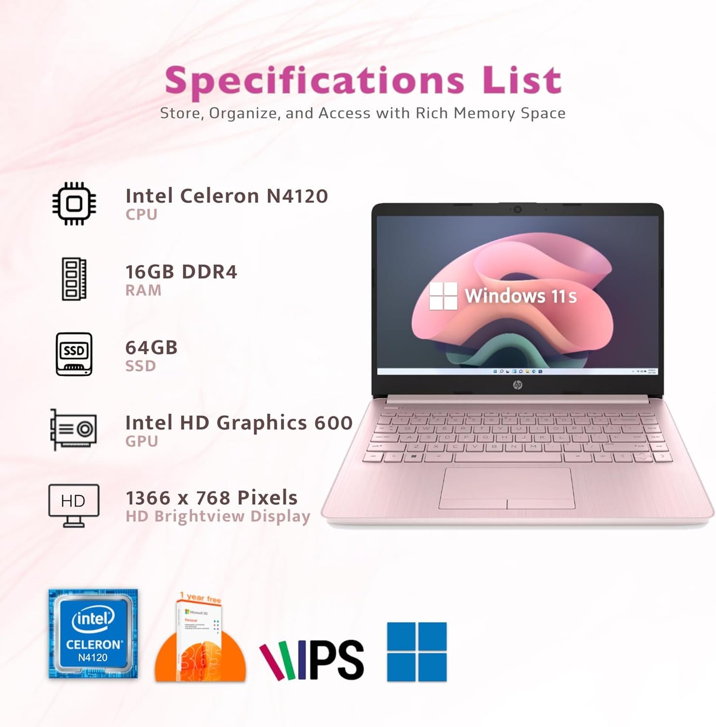 HP Stream 14" HD Laptop Celeron 16GB RAM 64GB eMMC Pink
