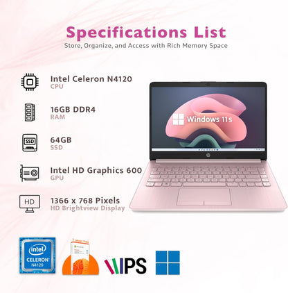 HP Stream 14" HD Laptop Celeron 16GB RAM 64GB eMMC Pink