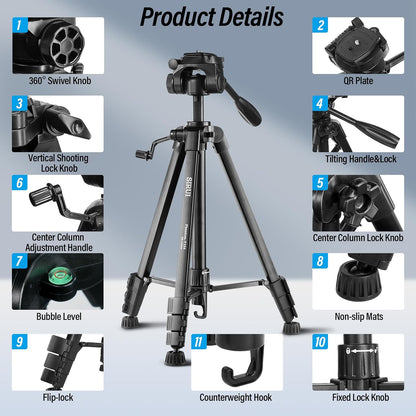 Sirui Phantom-T154 60" Aluminum Camera Tripod Phone Holder