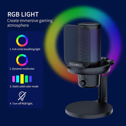 FEELWORLD VM1 Gaming Mic - USB Condenser Microphone with RGB