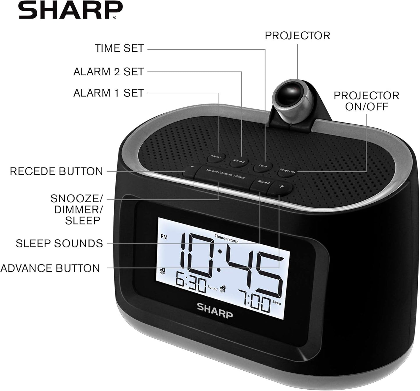 Sharp Projection Alarm Clock with 8 Nature Sleep Sounds