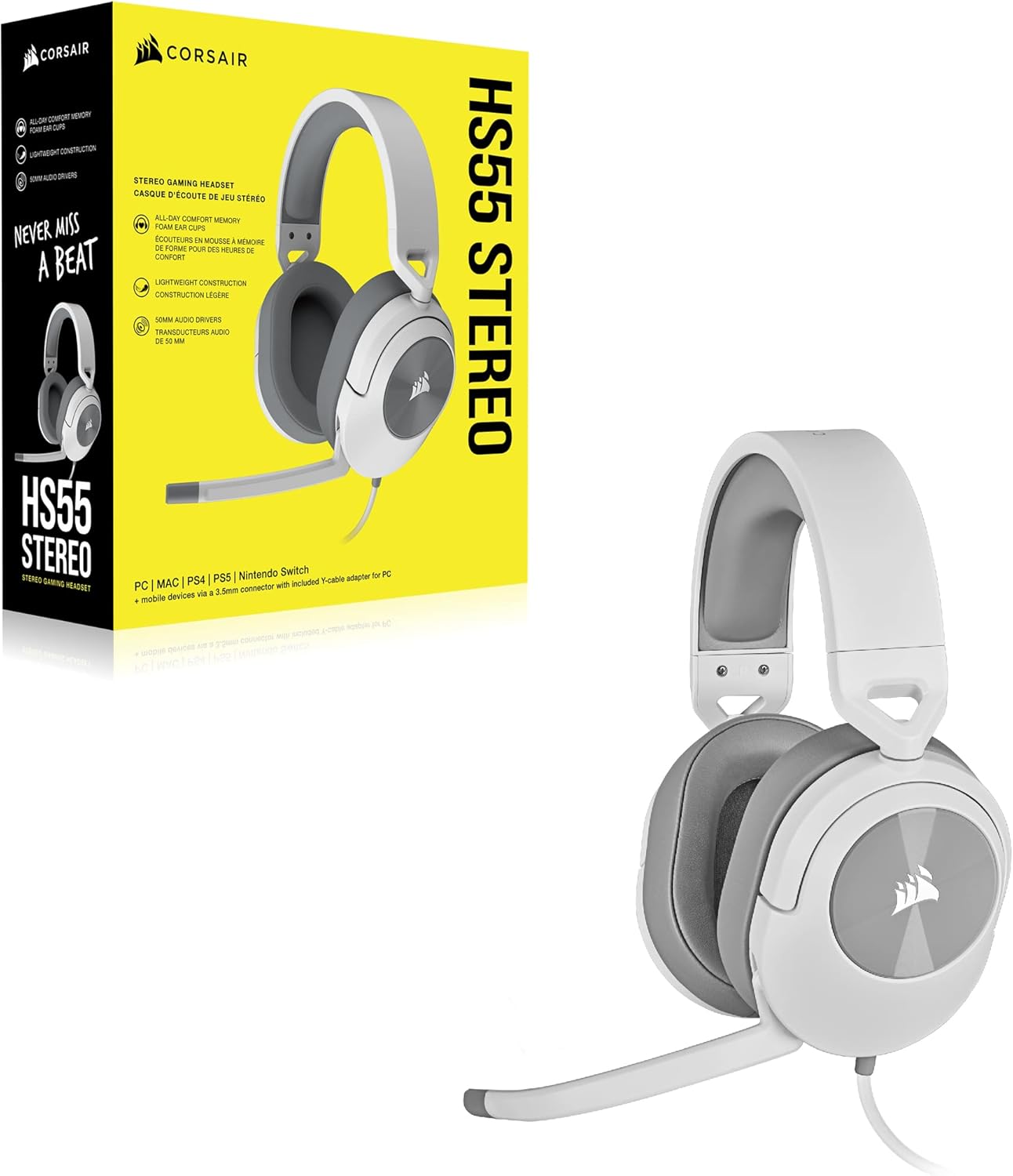 Corsair HS55 STEREO Gaming Headset White Renewed