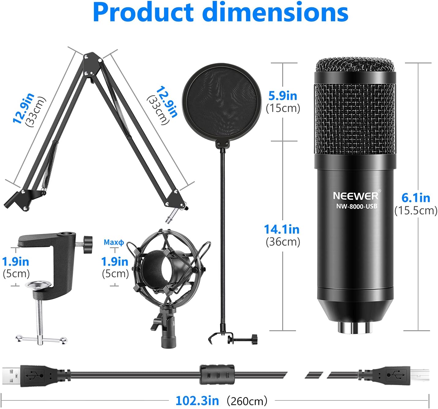 Neewer 40097216 USB Podcast Microphone Kit - 192kHz/24Bit Cardioid Mic