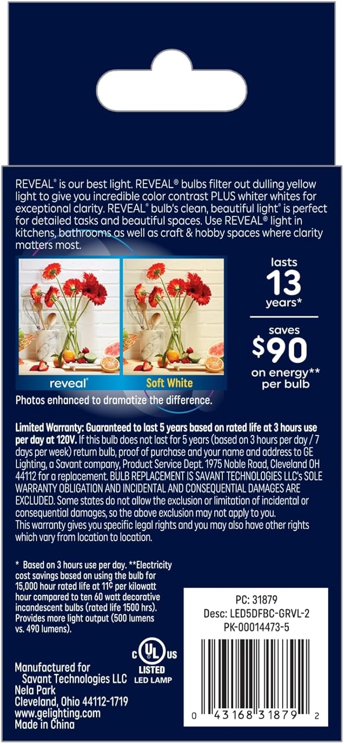 GE 31879 Reveal LED Candle Light Bulbs 60W 2-Pack