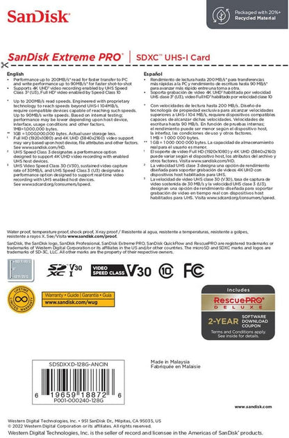 SanDisk Extreme PRO 128GB UHS-I SDXC Memory Card - V30