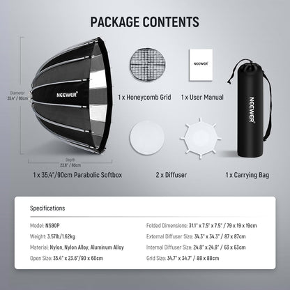 Neewer 10102497 35.4"/90cm Parabolic Softbox Bowens Mount