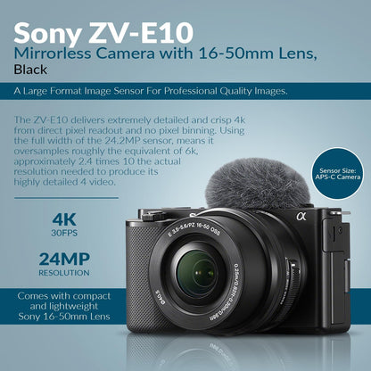 Sony ZV-E10 APS-C Mirrorless Vlogging Camera 16-50mm Lens Bundle