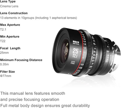 Meike 25mm T2.1 S35 Wide Angle Prime Cinema Lens