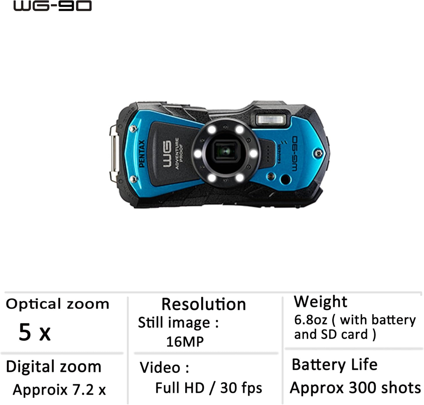 Pentax 02145 WG-90 Blue - Waterproof Shockproof Digital Camera