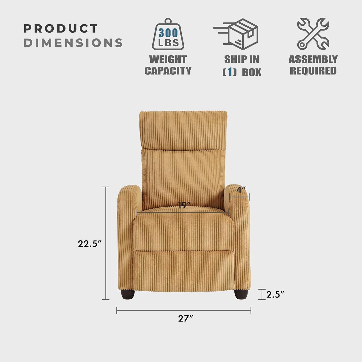 Lexicon 194840287162 Yellow Corduroy Pushback Recliner