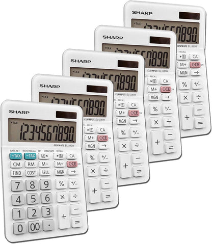 Sharp EL-330WB Basic Desktop Calculator, Solar Battery - 5 Pack