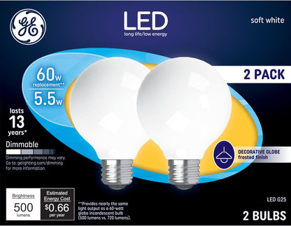 GE 25016 LED G25 Globe Bulbs 60W Soft White 2-Pack