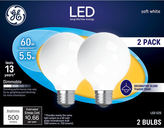GE 25016 LED G25 Globe Bulbs 60W Soft White 2-Pack