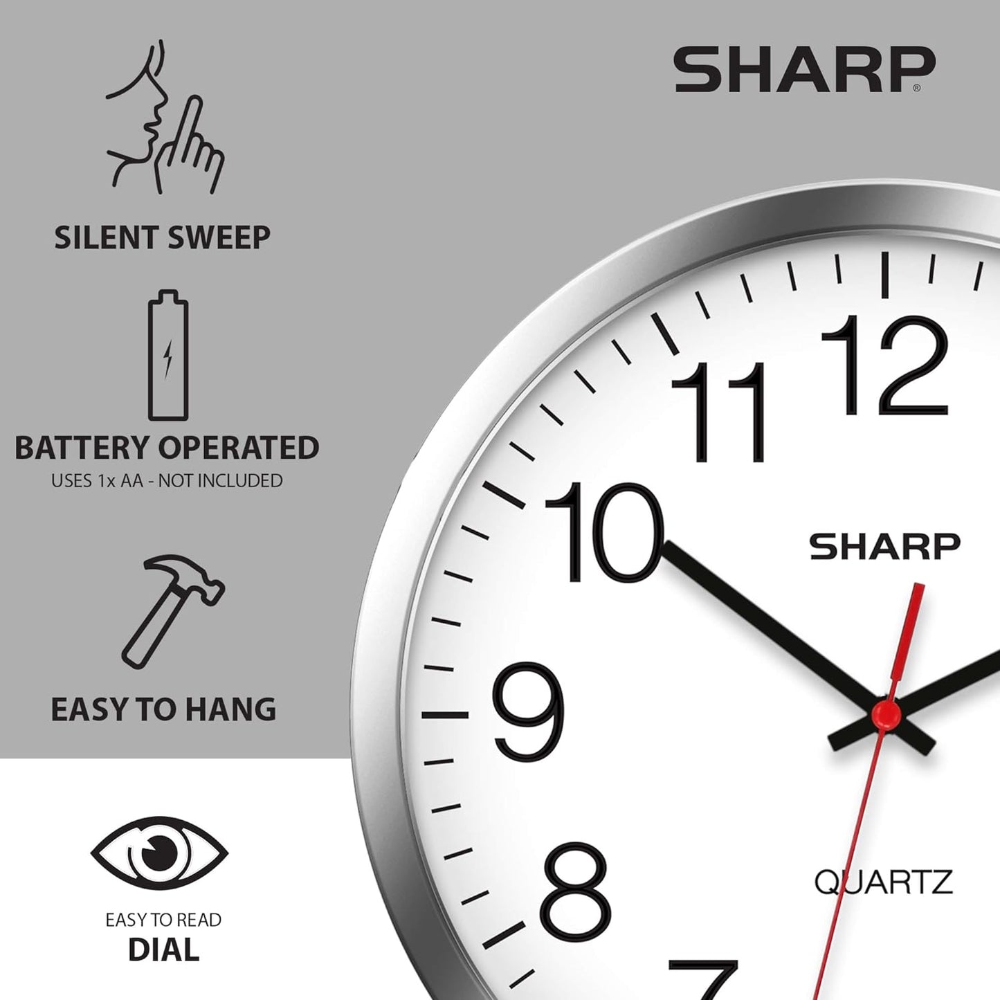 Sharp Wall Clock - Silent Non Ticking 10 Inch