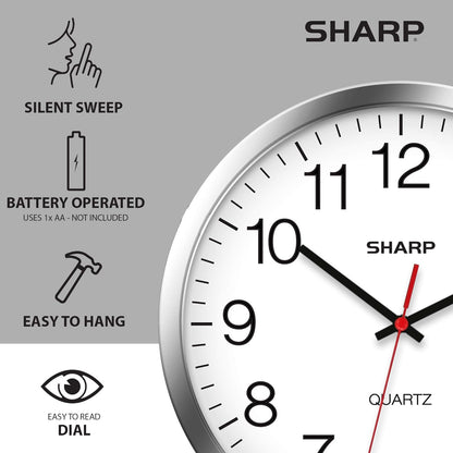 Sharp Wall Clock - Silent Non Ticking 10 Inch