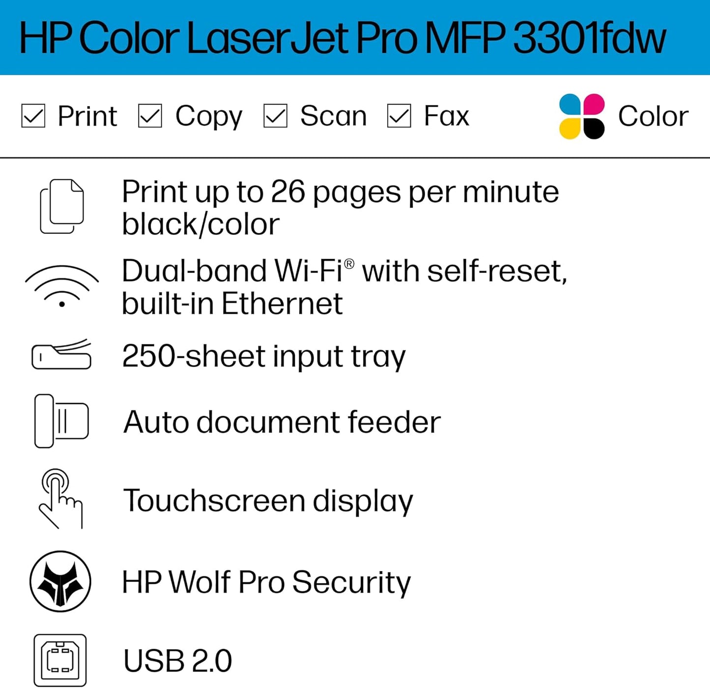 HP 499Q5F#BGJ Color LaserJet Pro MFP 3301fdw Wireless Printer