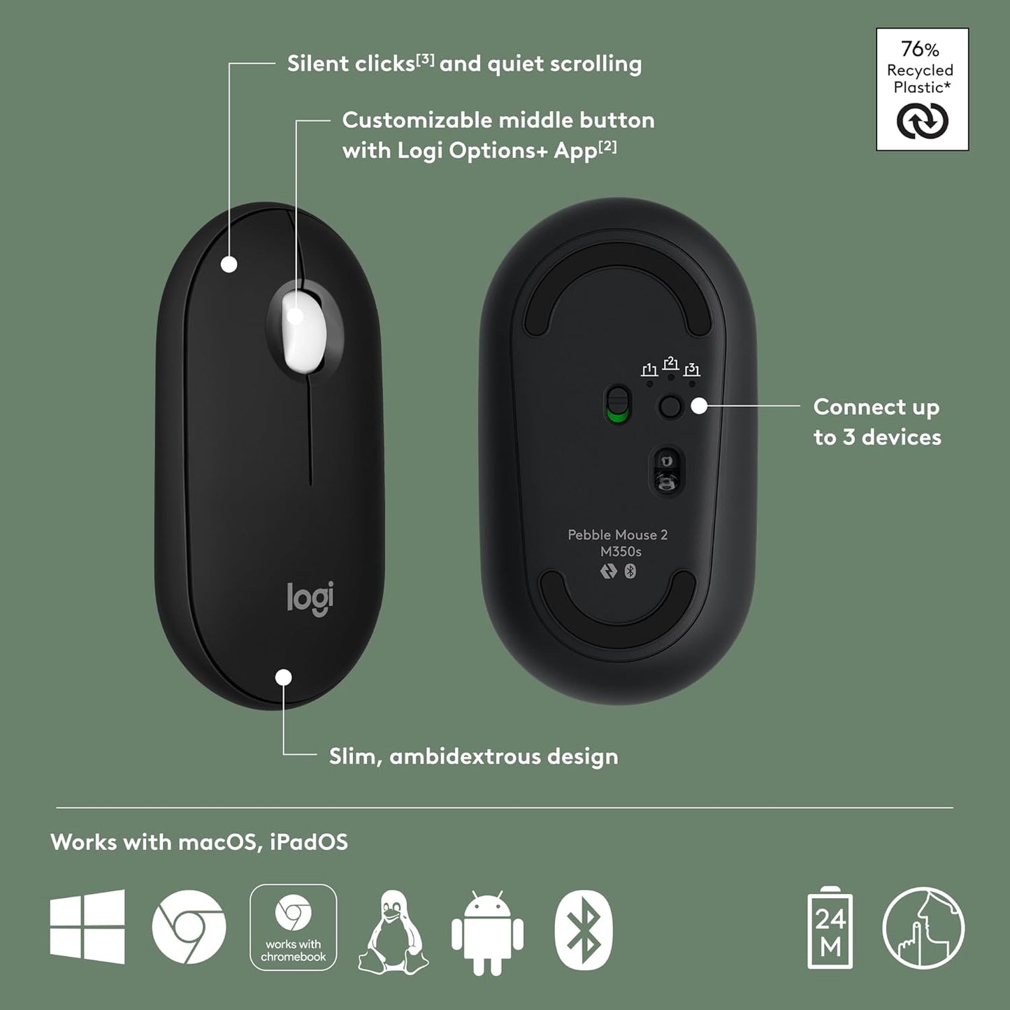 Logitech 910-007168 Pebble Mouse 2 - Slim Wireless Bluetooth
