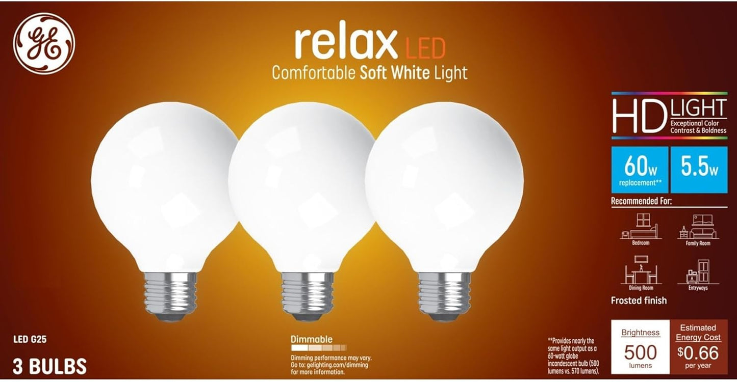 GE 43316 Relax LED 60-Watt Soft White G25 Globe Bulbs - 3 Pack