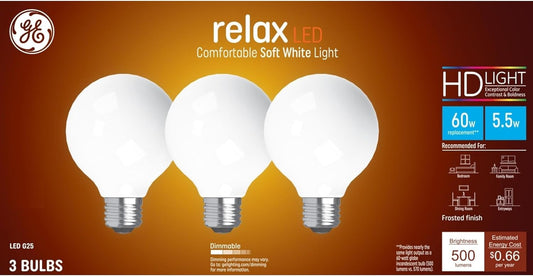 GE 43316 Relax LED 60-Watt Soft White G25 Globe Bulbs - 3 Pack