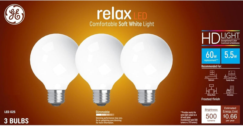GE 43316 Relax LED 60-Watt Soft White G25 Globe Bulbs - 3 Pack — main product image