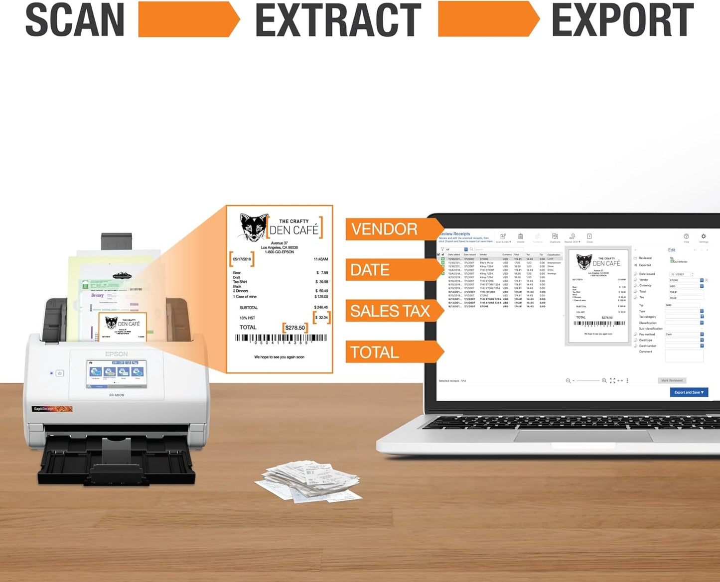 Epson B11B258202 RapidReceipt RR-600W Wireless Desktop Scanner