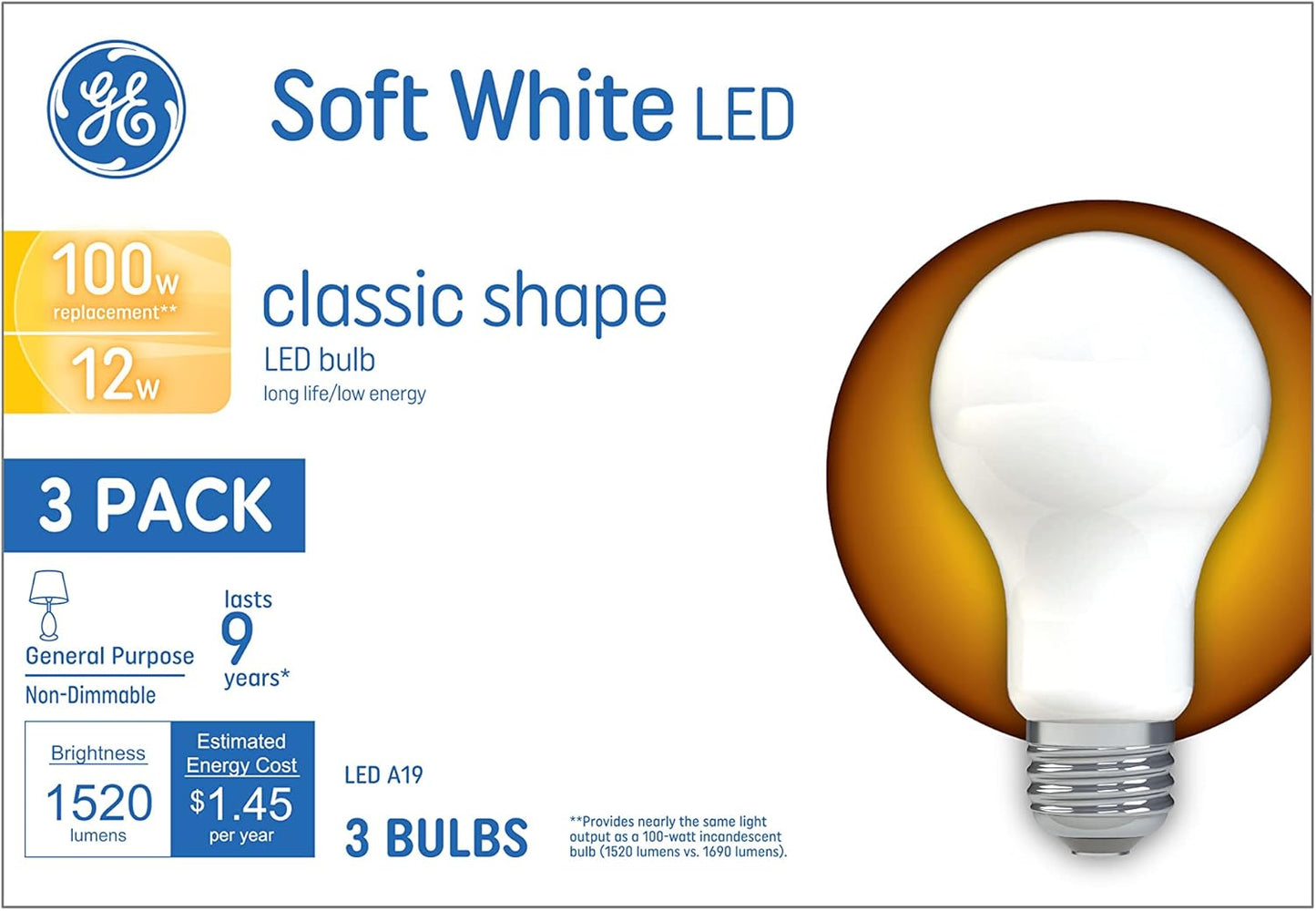 GE 93109190 100W Soft White LED Light Bulbs 3-Pack