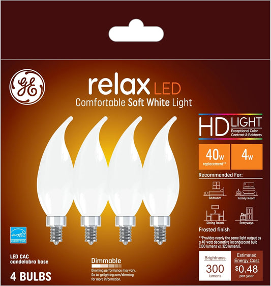 GE 36985 Relax LED 40W Soft White Candle Bulbs 4-Pack