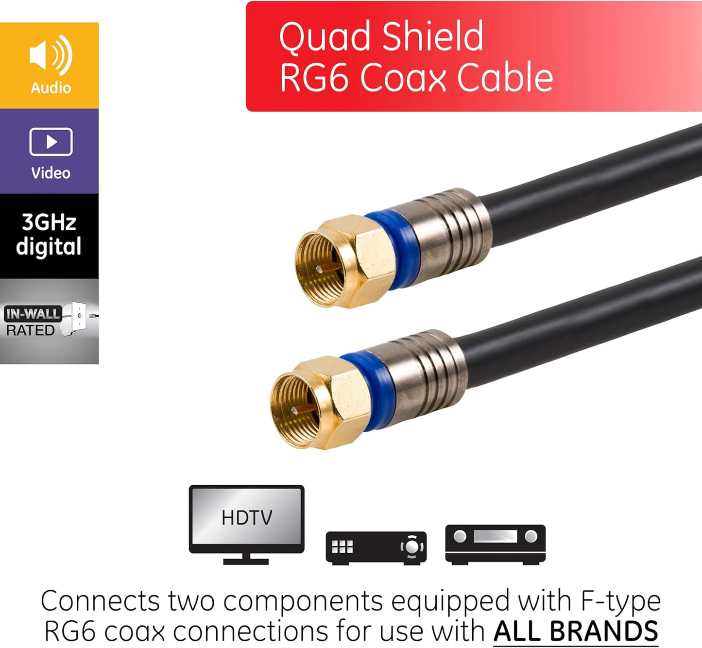 GE 33532 50ft RG6 Coaxial Cable - Quad Shielded, In-Wall Rated