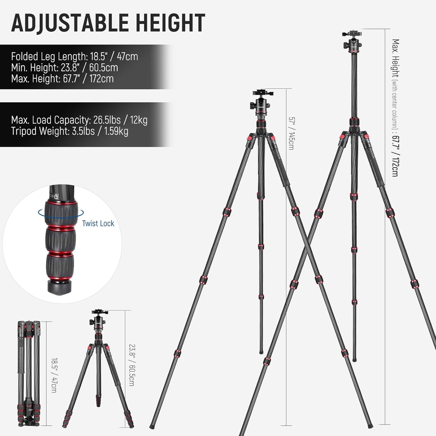 Neewer 10081590@@##1 66" Carbon Fiber Camera Tripod