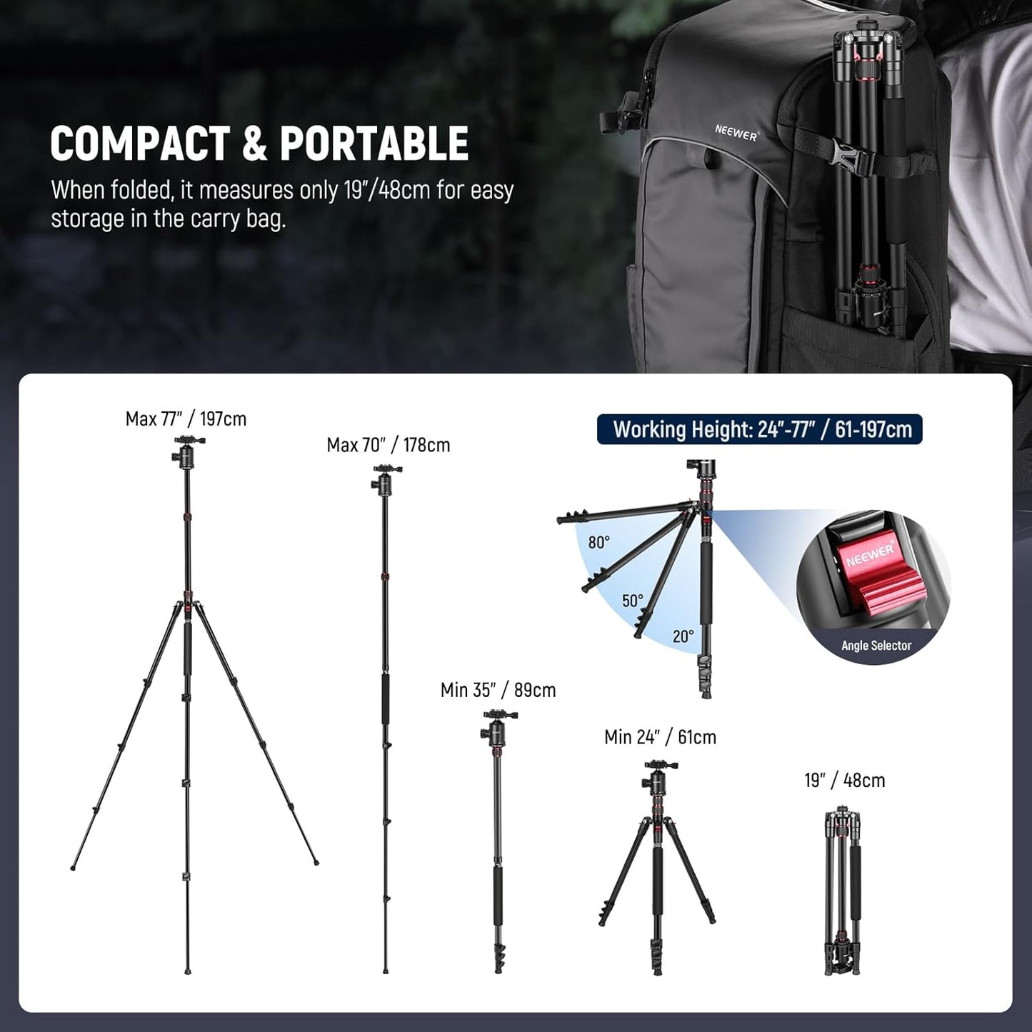 Neewer TP77 77" Camera Tripod Monopod Ball Head