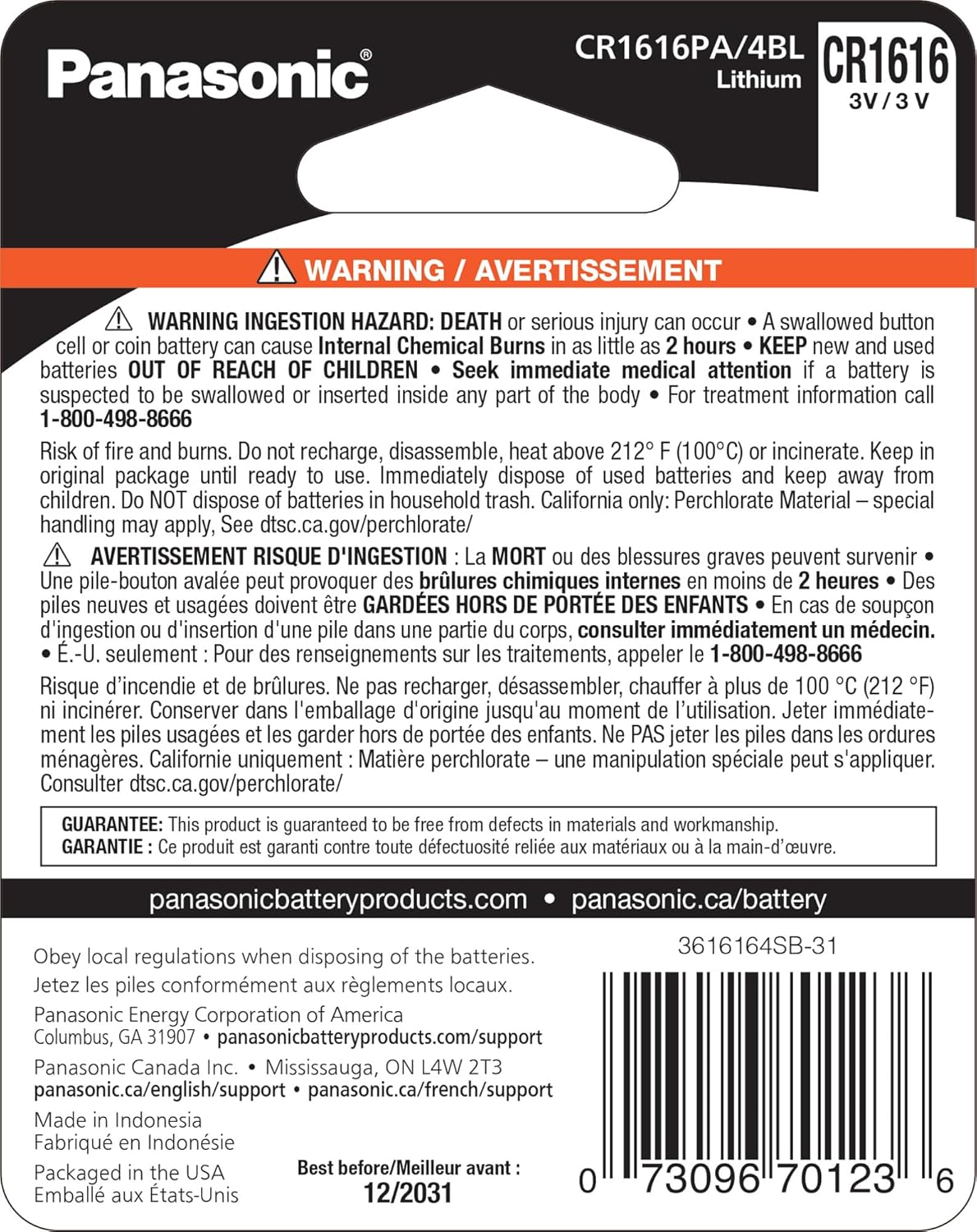 Panasonic CR1616PA Lithium Coin Battery 4-Pack: Child Safe