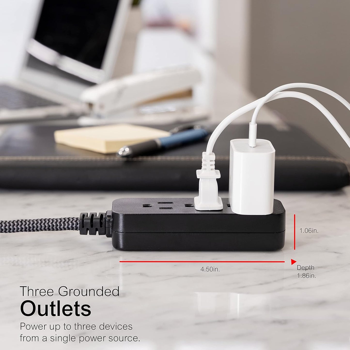 GE 44237 3-Outlet Power Strip Surge Protector 15 Ft Braided Cord