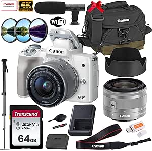 Canon 2681C011 EOS M50 White Camera 15-45mm Lens Bundle