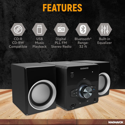 Magnavox MM442 3-Piece CD Shelf System Bluetooth Black