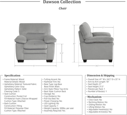 Lexicon Living Room Furniture Set: Sofa, Loveseat, Chair - Gray