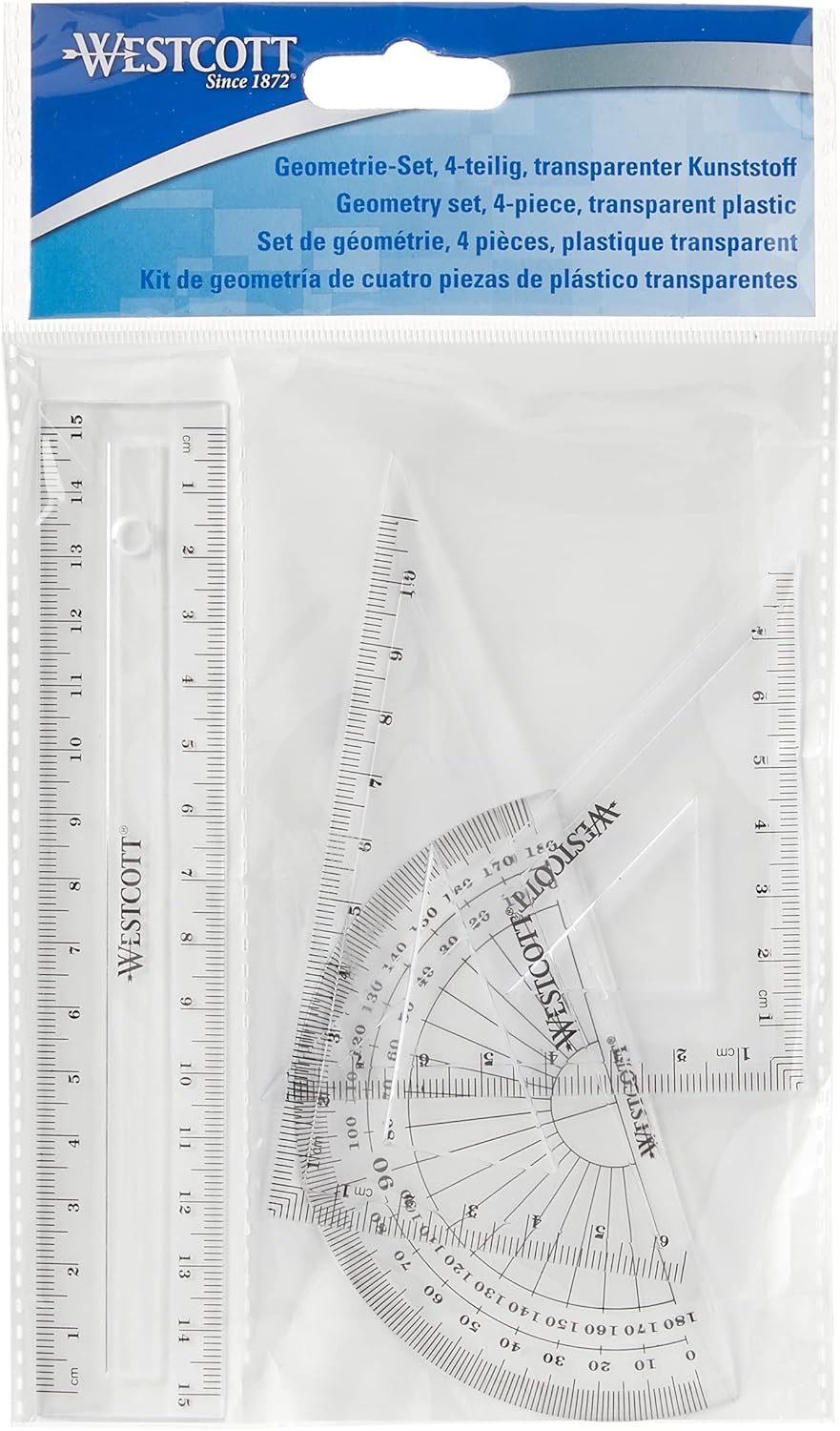 Westcott E-10303 Maths Set - 4 Piece Transparent Plastic