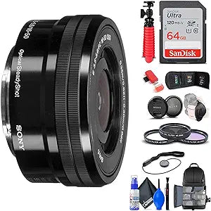 Sony E PZ 16-50mm OSS Lens Bundle: SELP1650, Filters, Backpack, 64GB (Renewed)