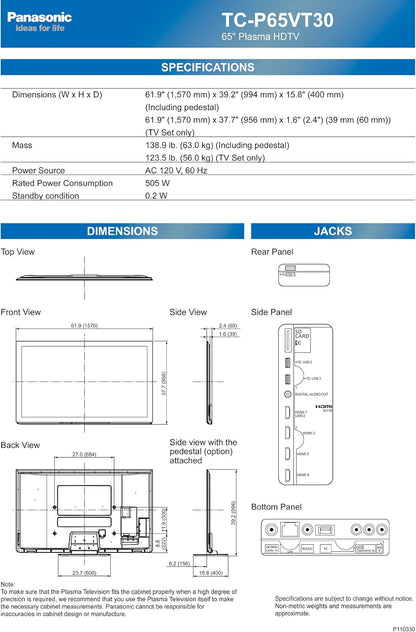 Panasonic VIERA TC-P65VT30 65" 3D Plasma HDTV