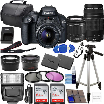 Canon EOS 2000D Rebel T7 DSLR Camera 18-55mm + 75-300mm Lens