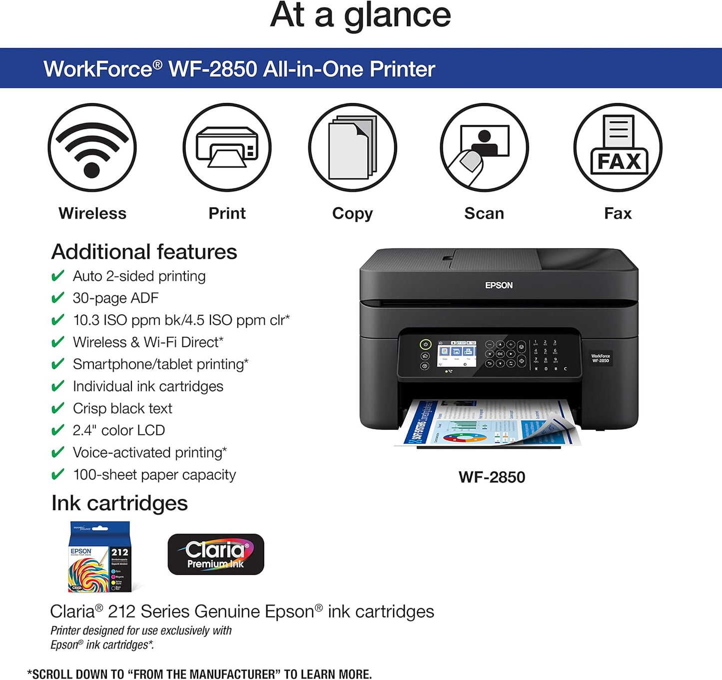 Epson C11CG31201 Workforce WF-2850 Wireless All-in-One Printer