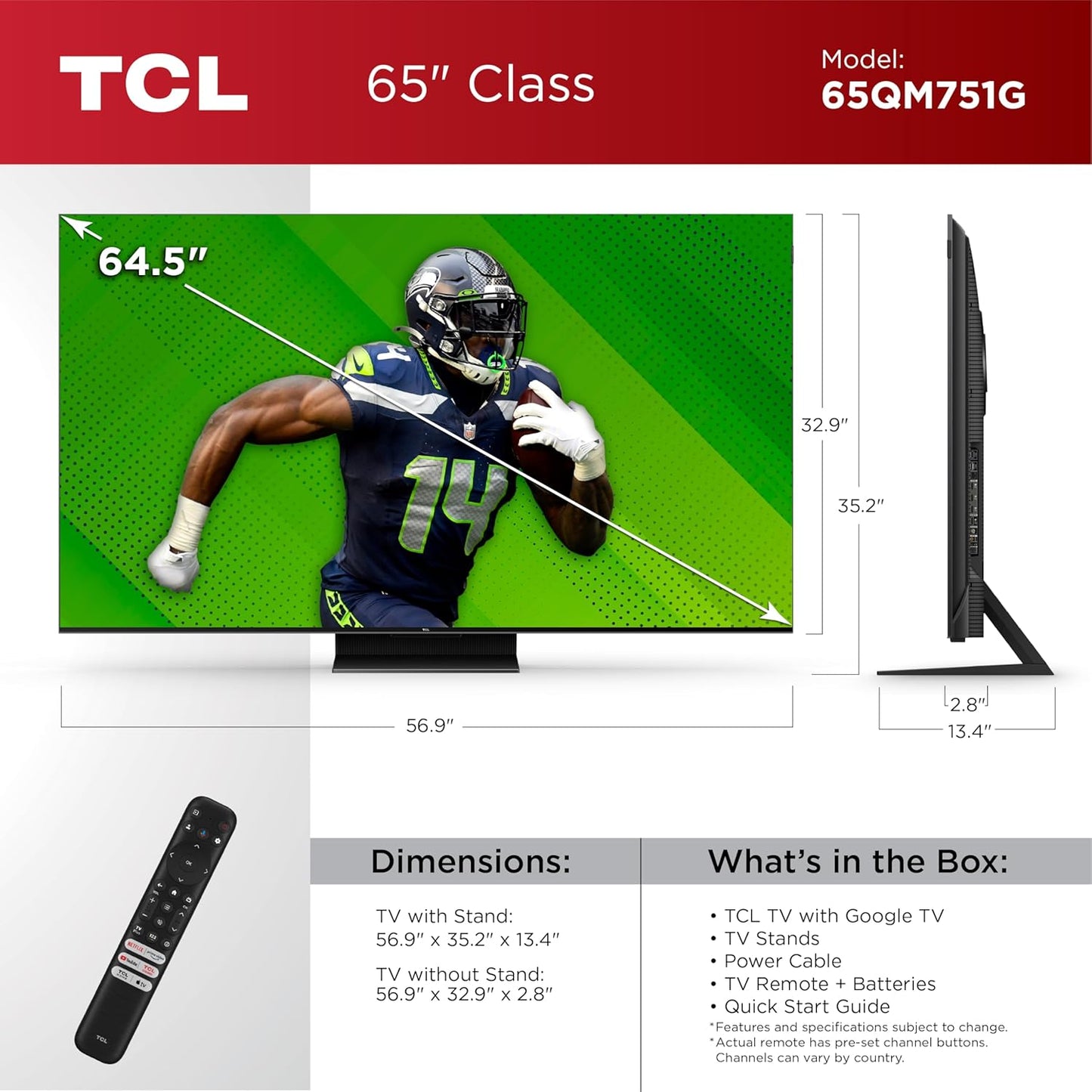 TCL 65QM751G 65-Inch QLED 4K QD-Mini LED Google TV