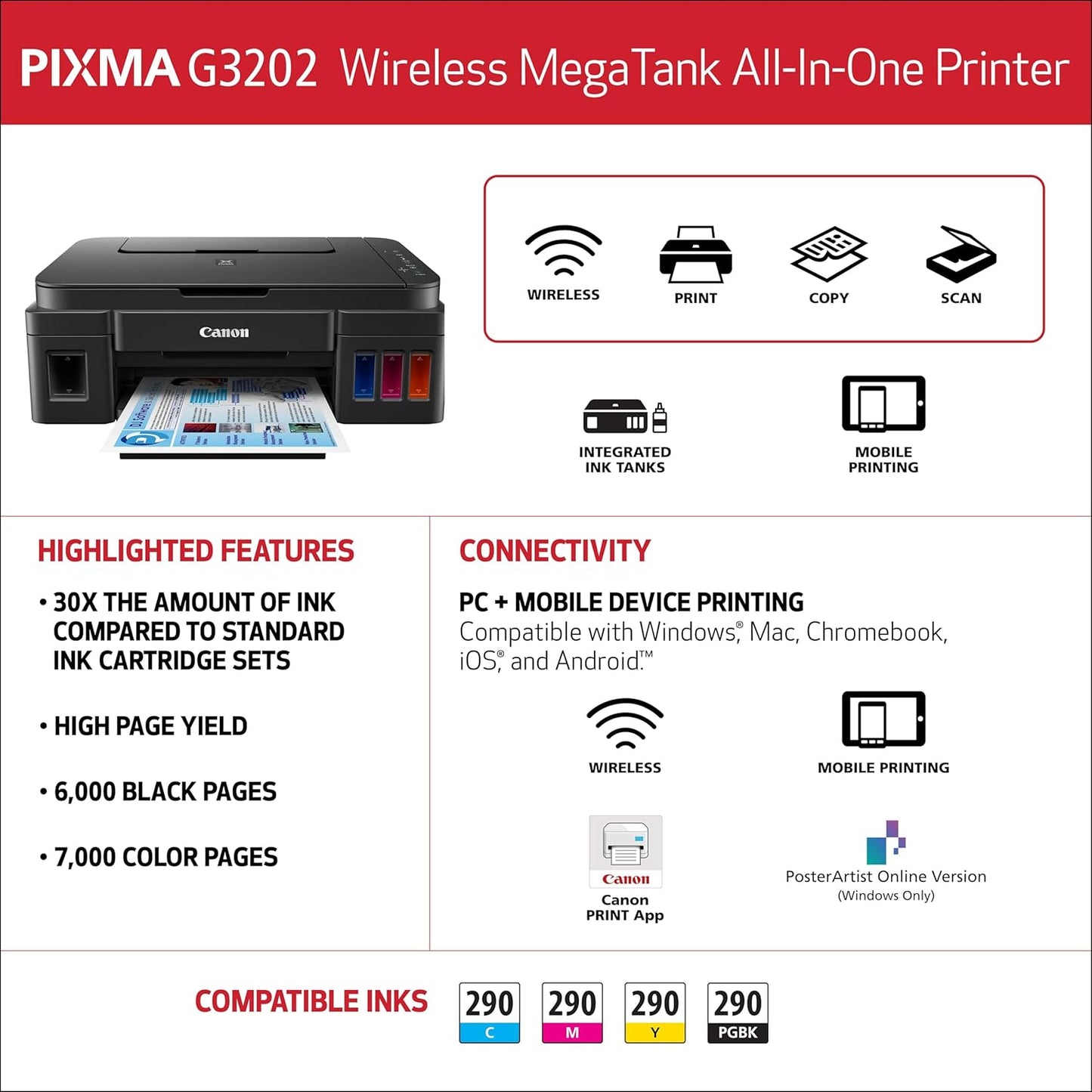 Canon 0630C053 PIXMA G3202 - MegaTank Wireless All-in-One Printer