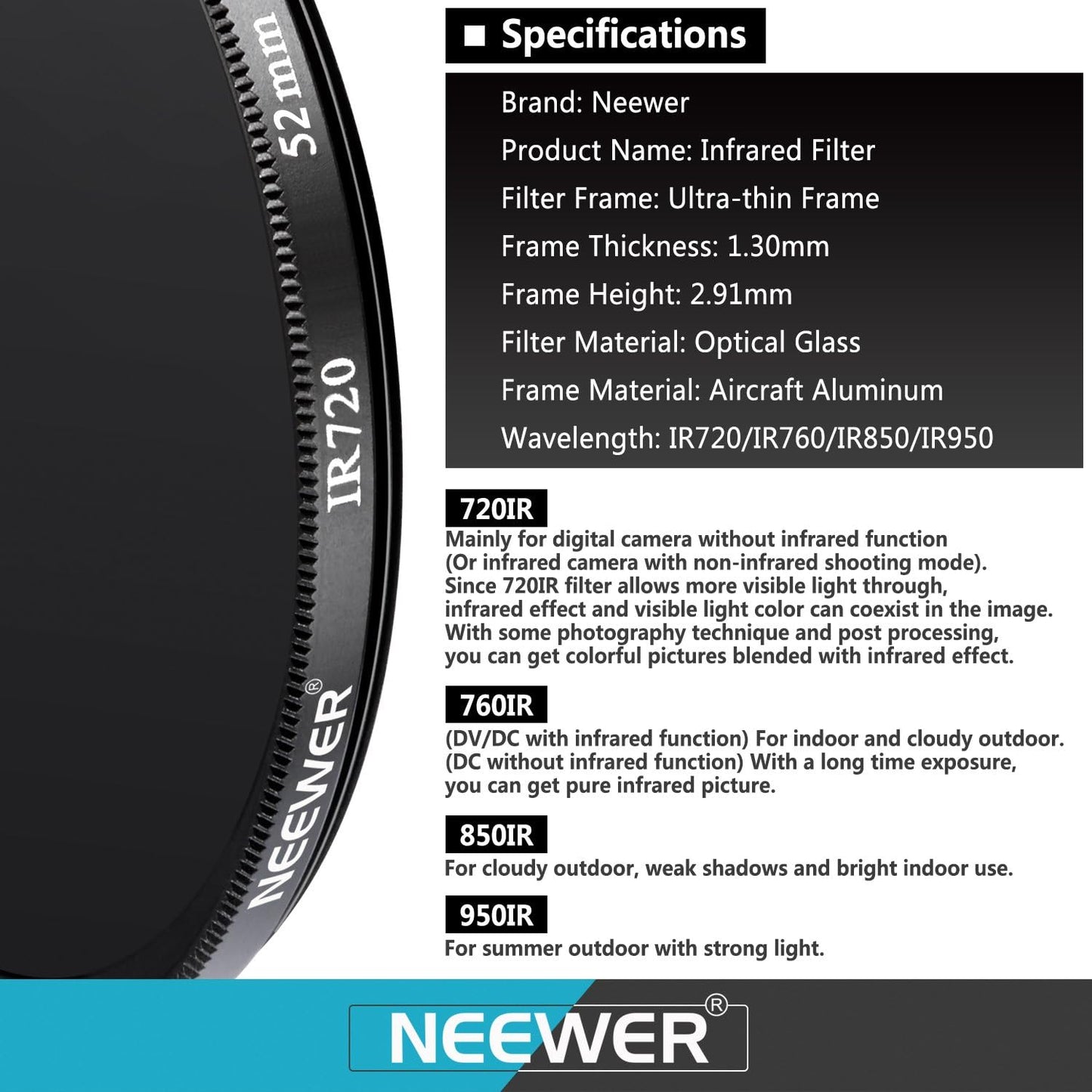 Neewer IR 52MM Infrared Filter Set IR720, IR760, IR850, IR950