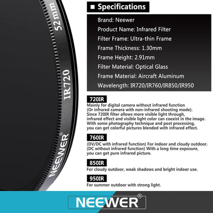 Neewer IR 52MM Infrared Filter Set IR720, IR760, IR850, IR950