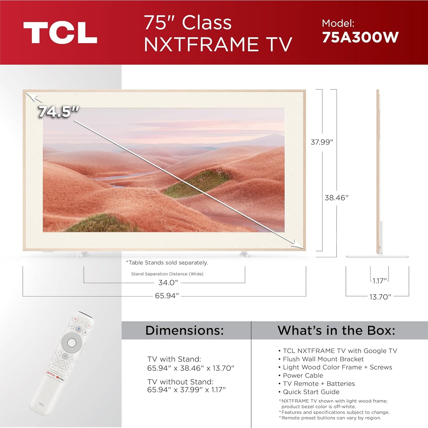 TCL 75A300W 75" QLED 4K Google TV - 2024 Model