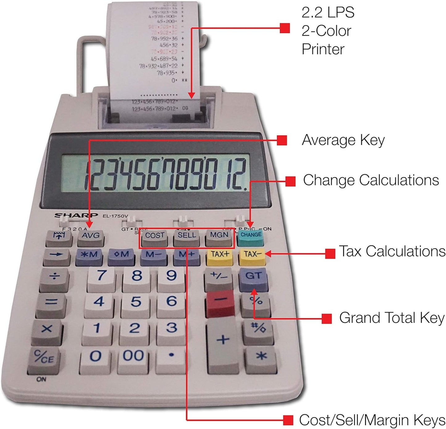 Sharp EL-1750PIIGY 12-Digit Printing Calculator - Desktop