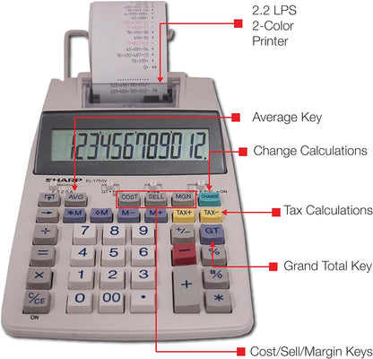 Sharp EL-1750PIIGY 12-Digit Printing Calculator - Desktop