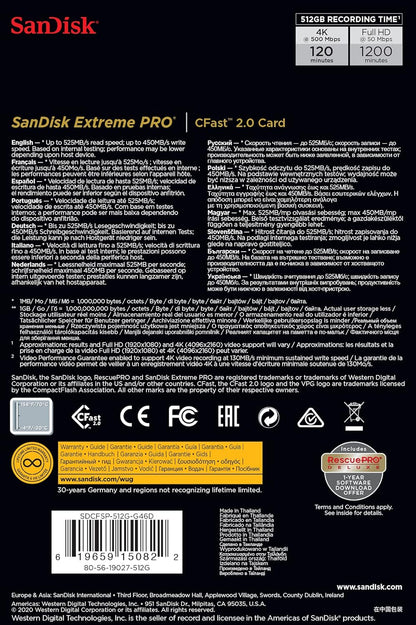SanDisk SDCFSP-512G-G46D 512GB Extreme PRO CFast 2.0 Card