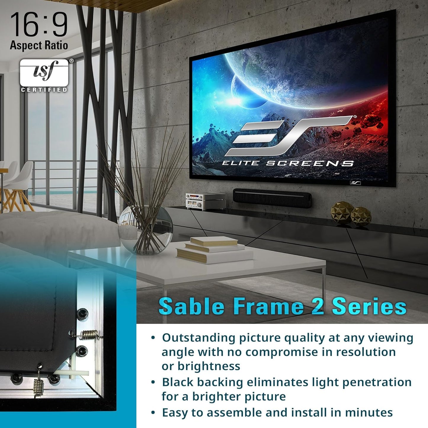 Elite Screens ER110WH2-F Sable Frame 2 110" Fixed Projector Screen
